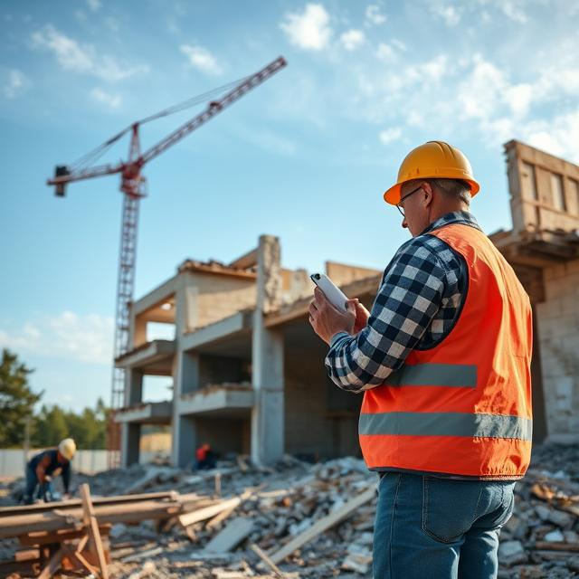 Builder at demolition site